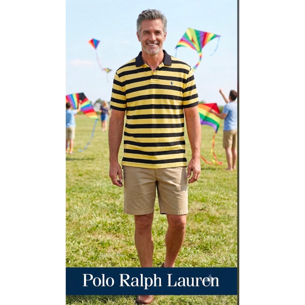 Polo Ralph Lauren Mens XL Yellow Black Striped Short Sleeve Pique Polo Shirt